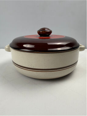 vtg 70s Japanese stoneware covered casserole dish Cookware Brown Beige Ceramic